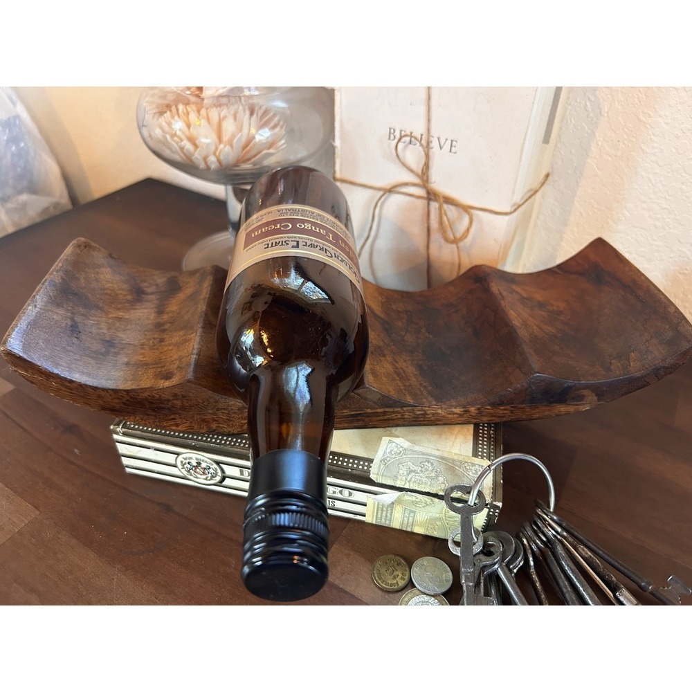 Sculptural Crate & Barrel Wine Holder 21" x 5" Shesham Wood Curved Bar Decor